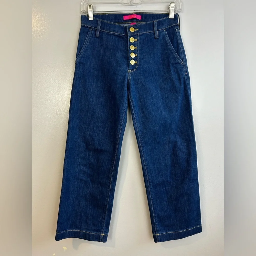 Lilly Pulitzer Aileen Blue High Rise Straight Denim Jeans Button Fly Size 0